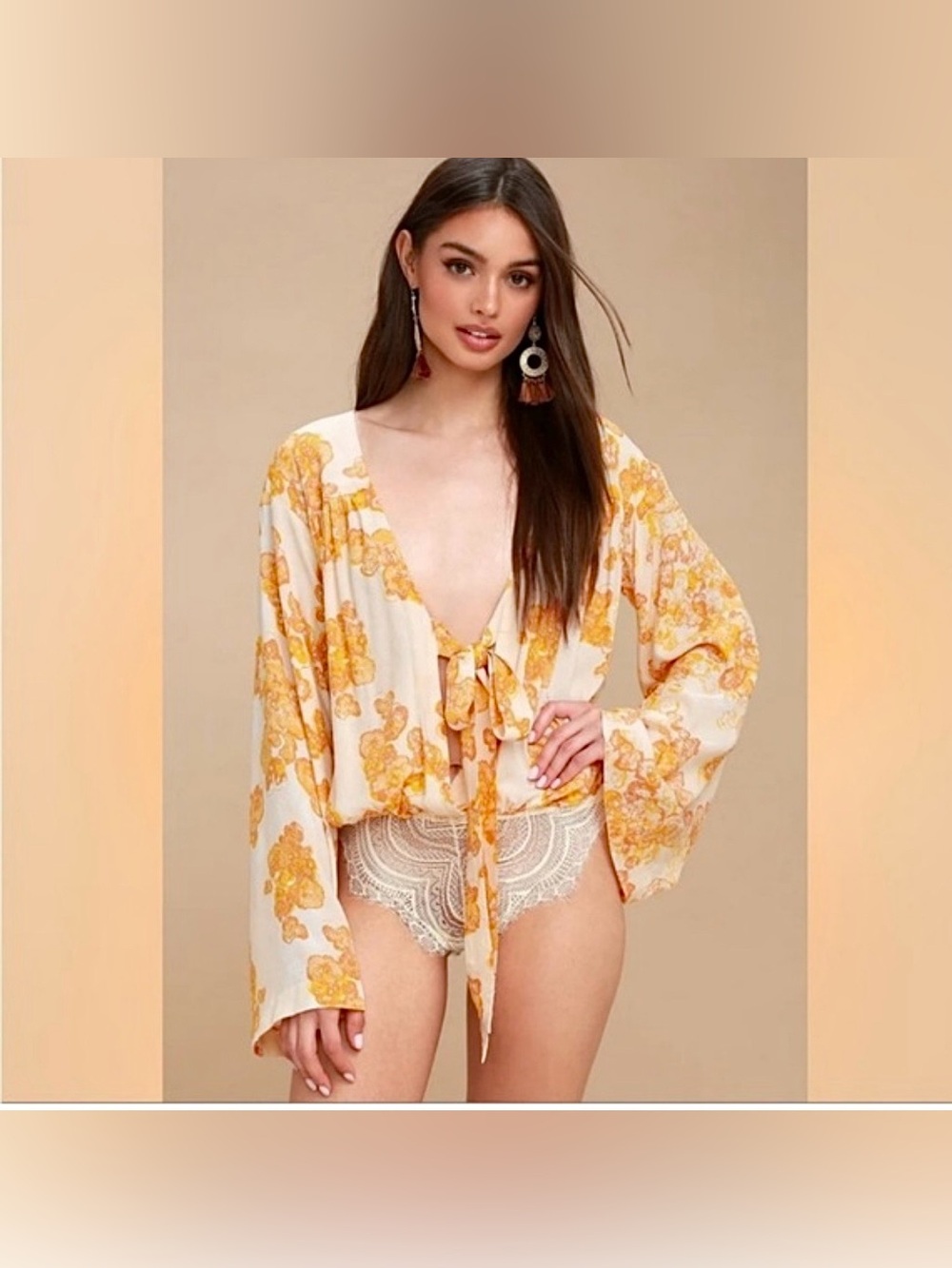 FREE PEOPLE Women's Floral Tie-Front Body Suit Blouse - Yellow/Cream Medium - Picture 3 of 17